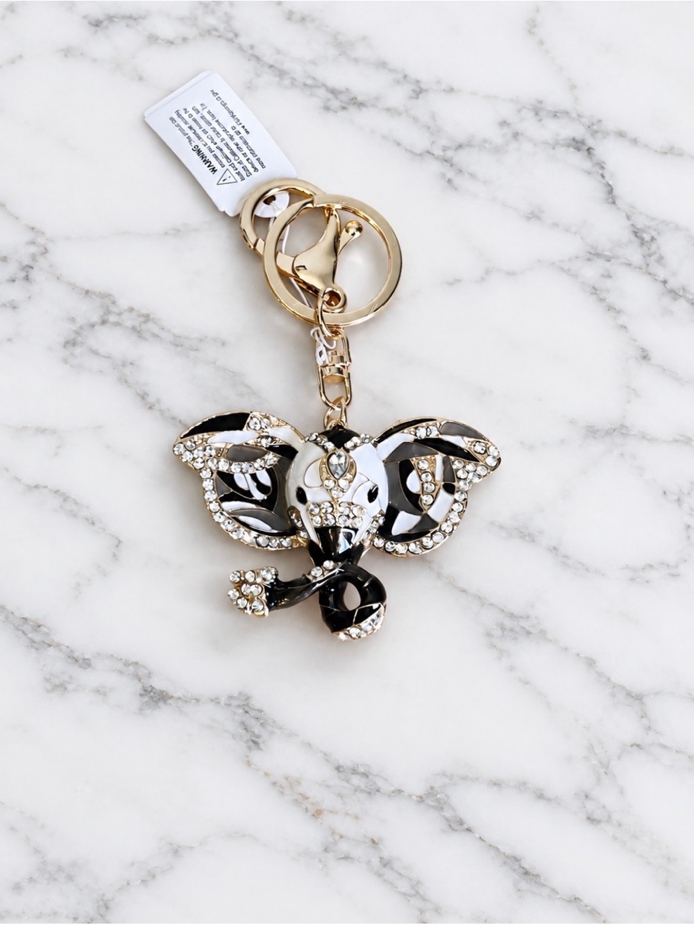 Gold-Tone Black & White enamel Elephant Bag Charm/Keyring-White crystal accents
